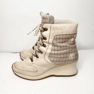 TIMBERLAND SUEDE AND PLAID FABRIC‎ BOOTS WEDGE SZ 7